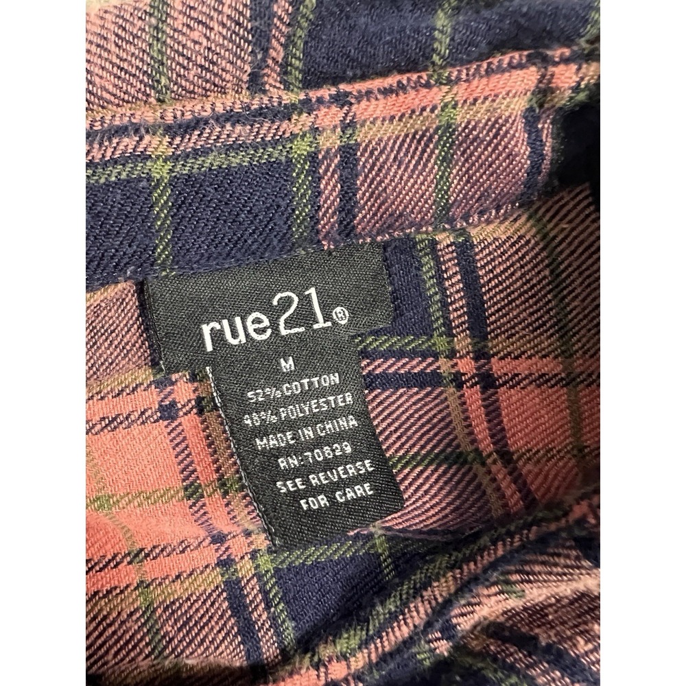 Rue 21 Flannel Top Womens Medium Pink Blue Plaid Longsleeve Western Button Up - Picture 10 of 12